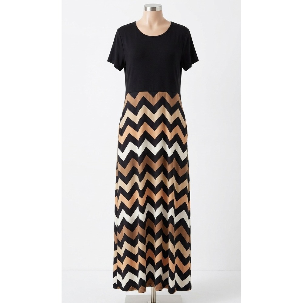 Plus 4X Black Tan Chevron Maxi Dress Short Sleeve Geometric Boho Casual